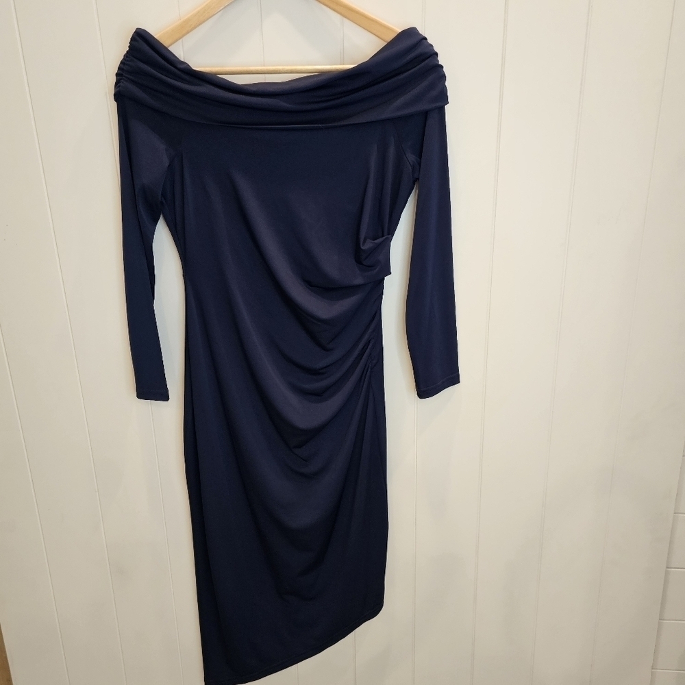 Sam Edelman Off the Shoulder Long Sleeve Midi Body-Con Dress Women's Size 6 Navy - Picture 10 of 13